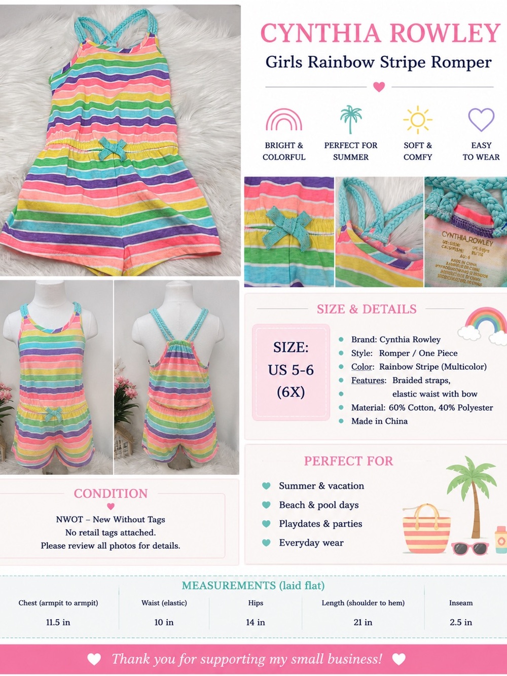 Cynthia Rowley Girls Rainbow Stripe Romper Size 5-6 Braided Straps NWOT
